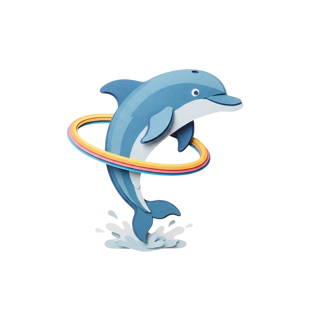 A cheerful cartoon dolphin jumping through a rainbow-colored hoop with water splashing beneath it