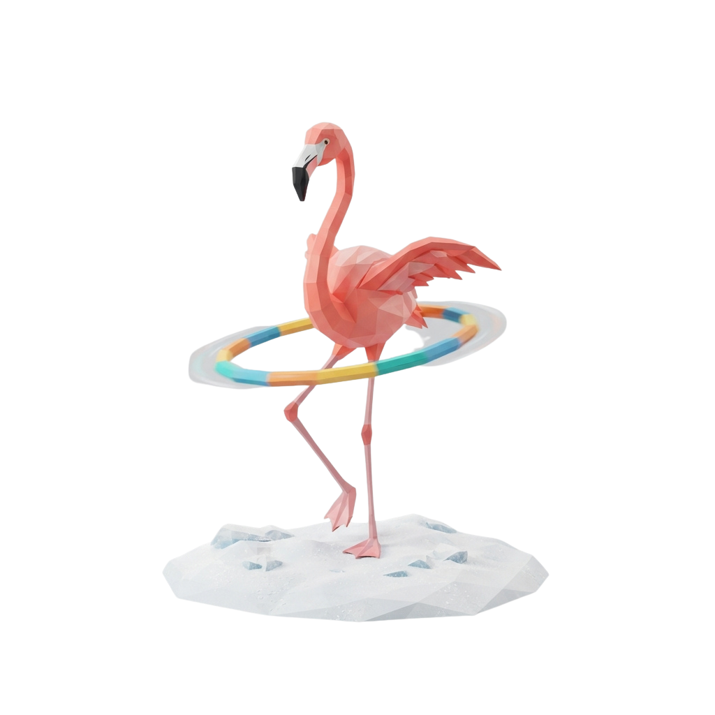 A pink flamingo balancing a colorful hoop on one leg, standing on a white icy surface