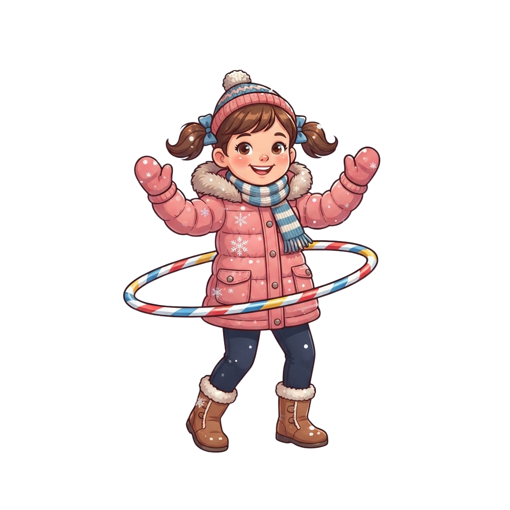 A smiling child wearing winter clothes hoops a colorful hula hoop with arms raised