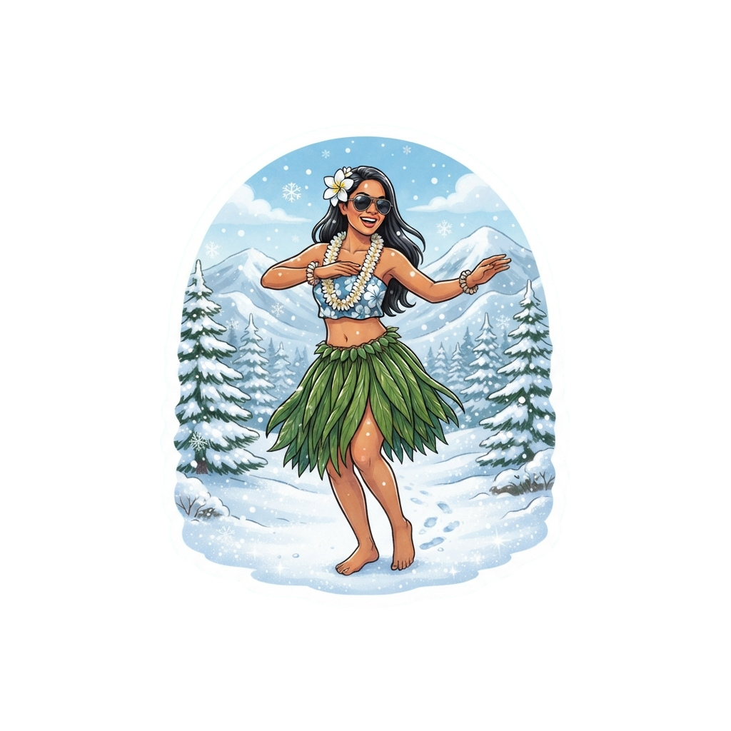 A smiling person in a hula outfit dancing in a snowy forest with snow-covered trees and mountains in the background
