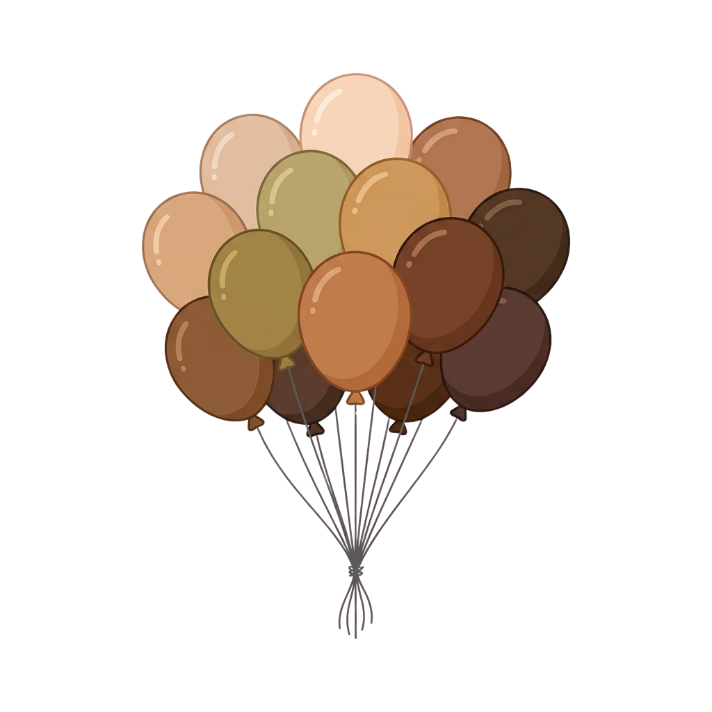 A cluster of twelve balloons in earthy tones tied together with string against a dark background