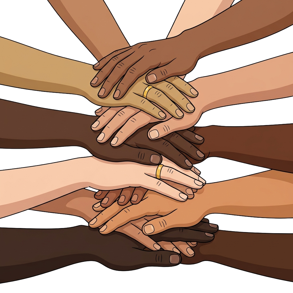 Illustration of multiple hands of different skin tones joined together in a circle symbolizing unity and diversity
