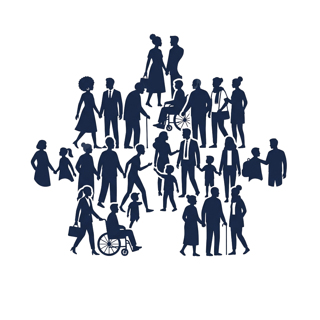 Silhouettes of a diverse group of people in various poses, including adults, children, and someone in a wheelchair.