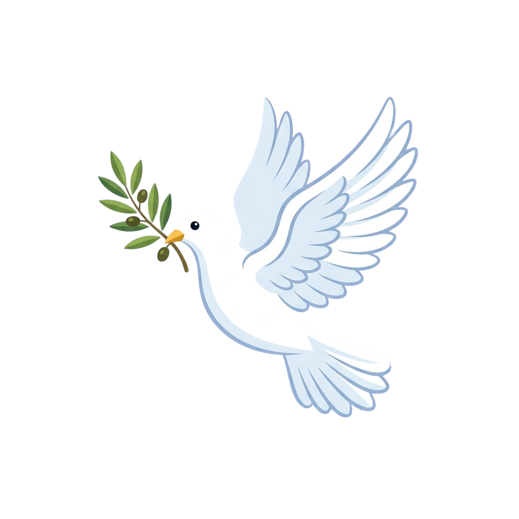 A white dove in flight holding an olive branch in its beak against a black background