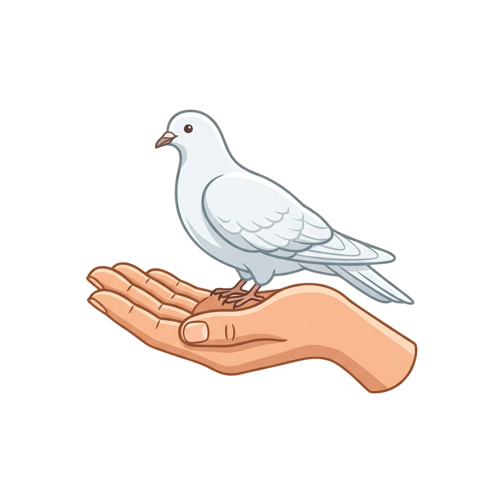 A white dove standing on an open palm with fingers slightly curled.