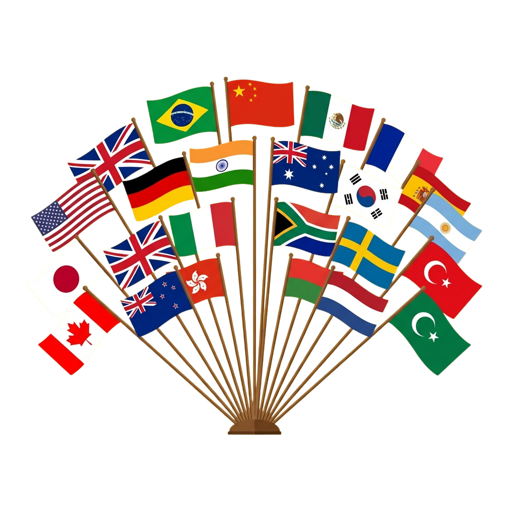 Assorted national flags arranged in a fan shape on a dark background