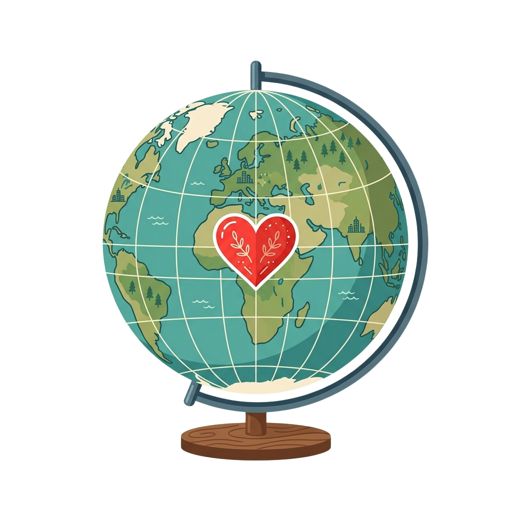 A stylized globe with a red heart featuring leaf designs over Africa, standing on a wooden base.