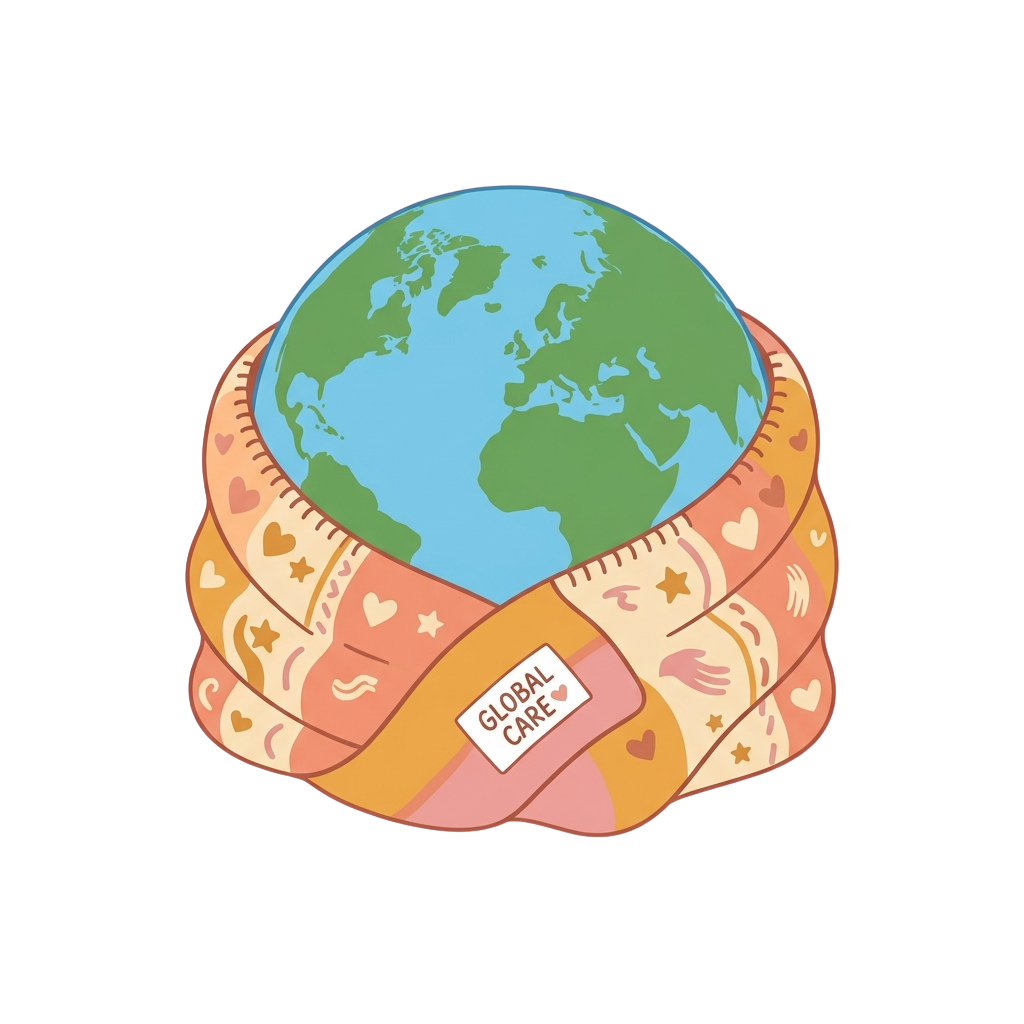 Illustration of Earth wrapped in a colorful bandage labeled Global Care with medical symbols