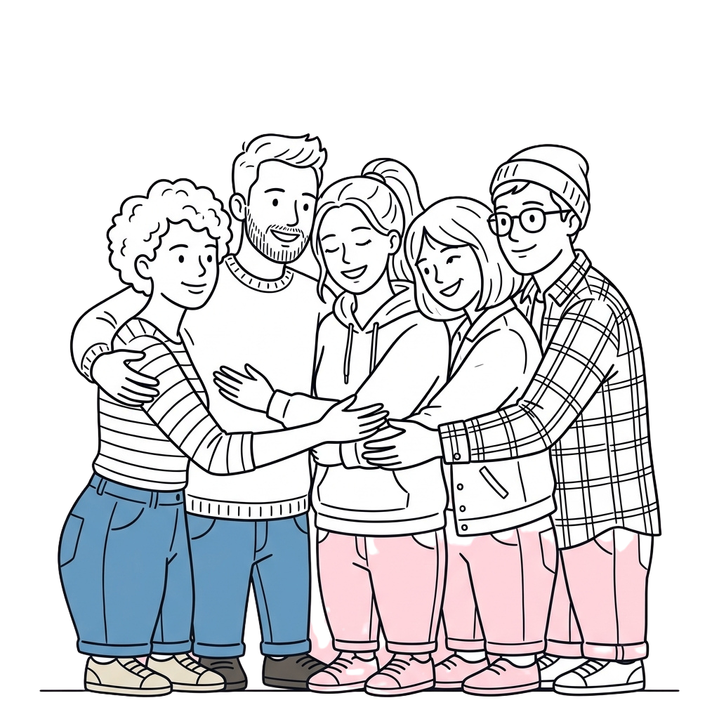 Five diverse people standing close together, smiling, and embracing in a friendly group hug