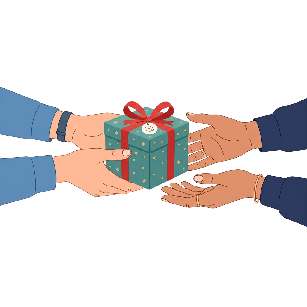 Illustration showing two pairs of hands exchanging a small turquoise gift box with a red bow and star pattern