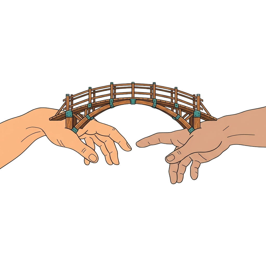 Two hands forming an arch, holding a small wooden bridge with turquoise accents.