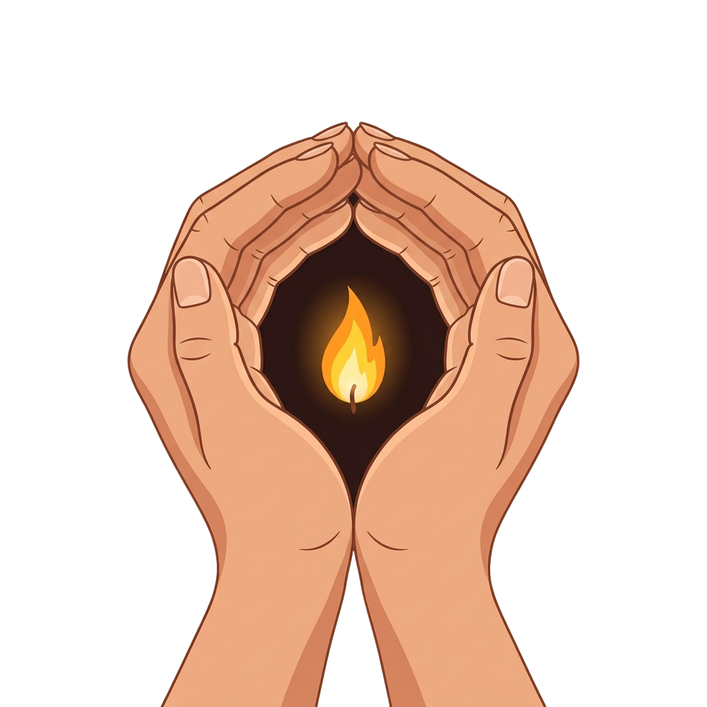 Two hands cupped together with a small flame inside creating a warm, glowing effect.