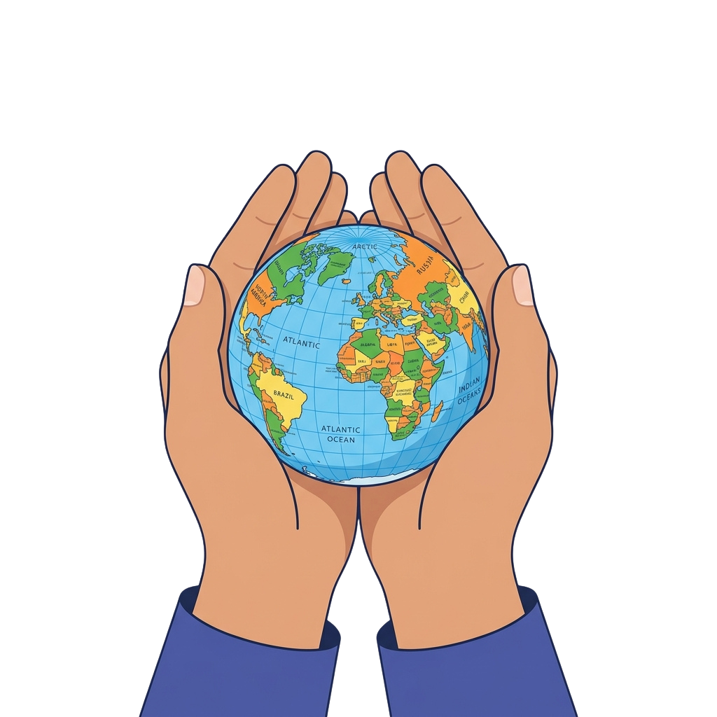 Two hands gently holding a colorful globe against a black background