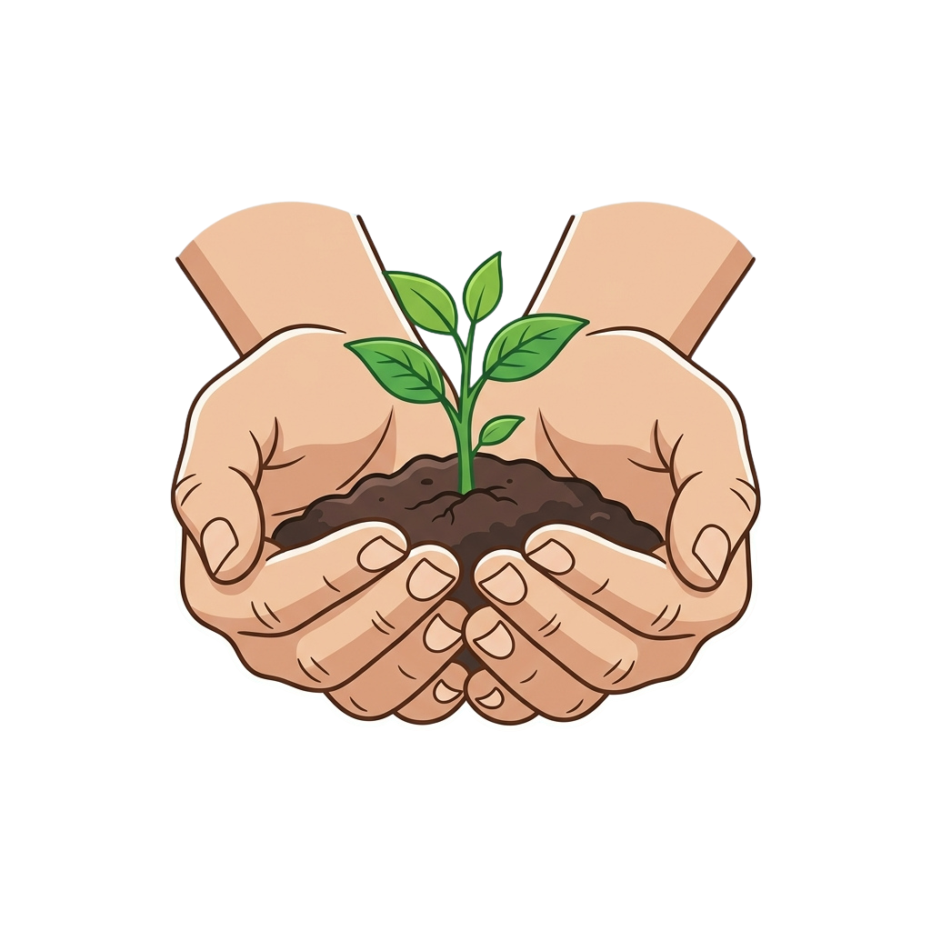 Two hands gently cupping soil with a small green plant sprouting upward