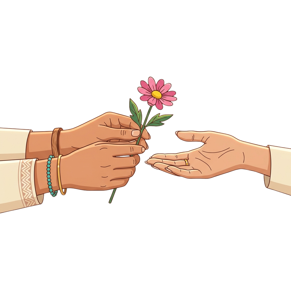 Two hands exchanging a small pink flower with green leaves in a symbolic gesture