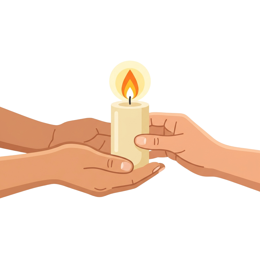 Two hands gently holding a lit candle between them against a dark background