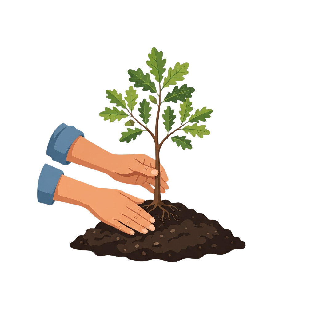 Illustration of hands planting a small tree seedling in soil.