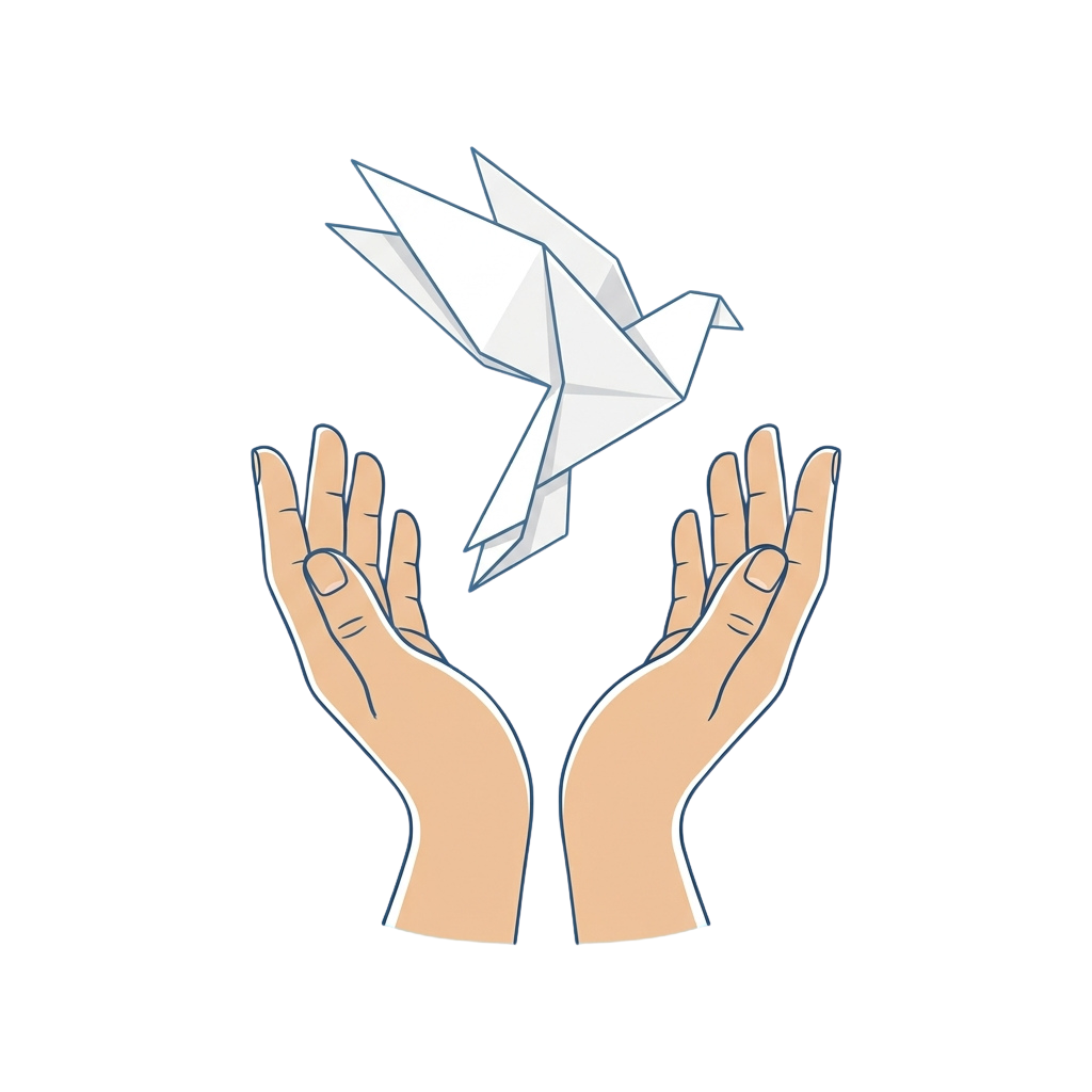 Two open hands gently holding an origami dove in mid-air