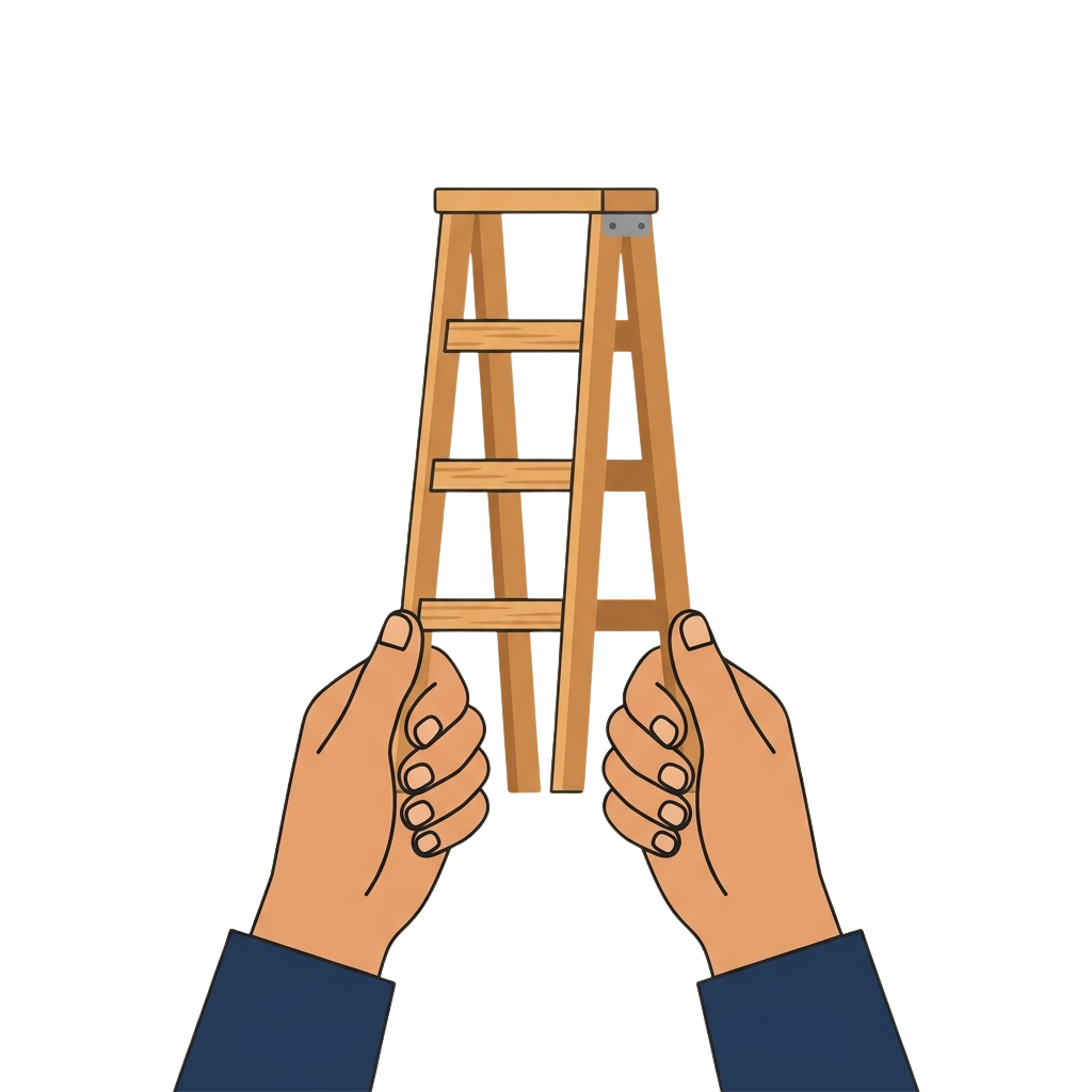 Two hands holding a small wooden step ladder with three steps and a handrail.