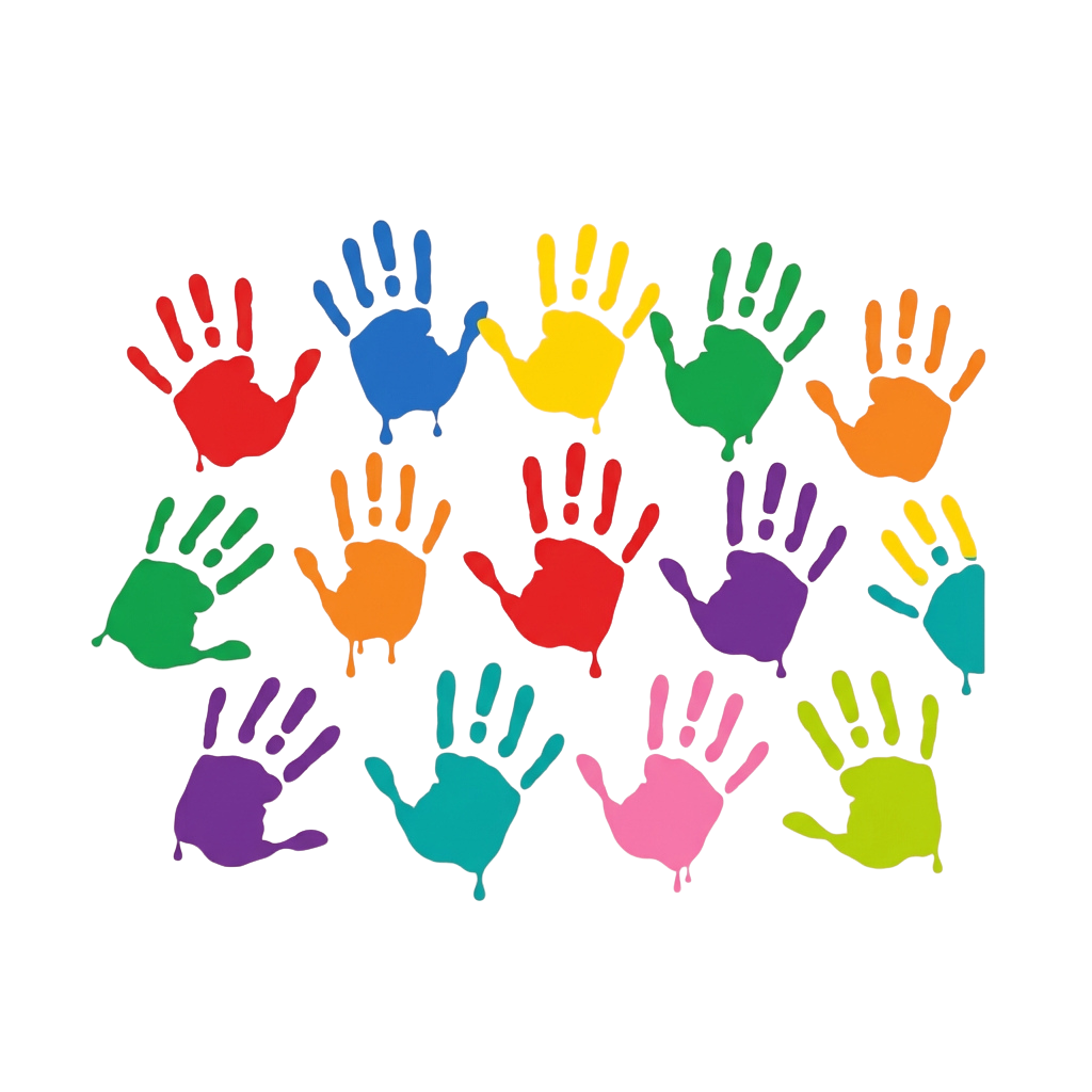 A group of sixteen colorful handprints arranged in a circular pattern on a black background