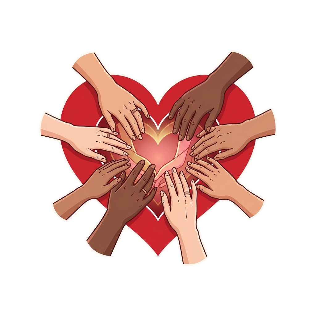 Illustration of multiple hands of different skin tones joined together forming a heart shape
