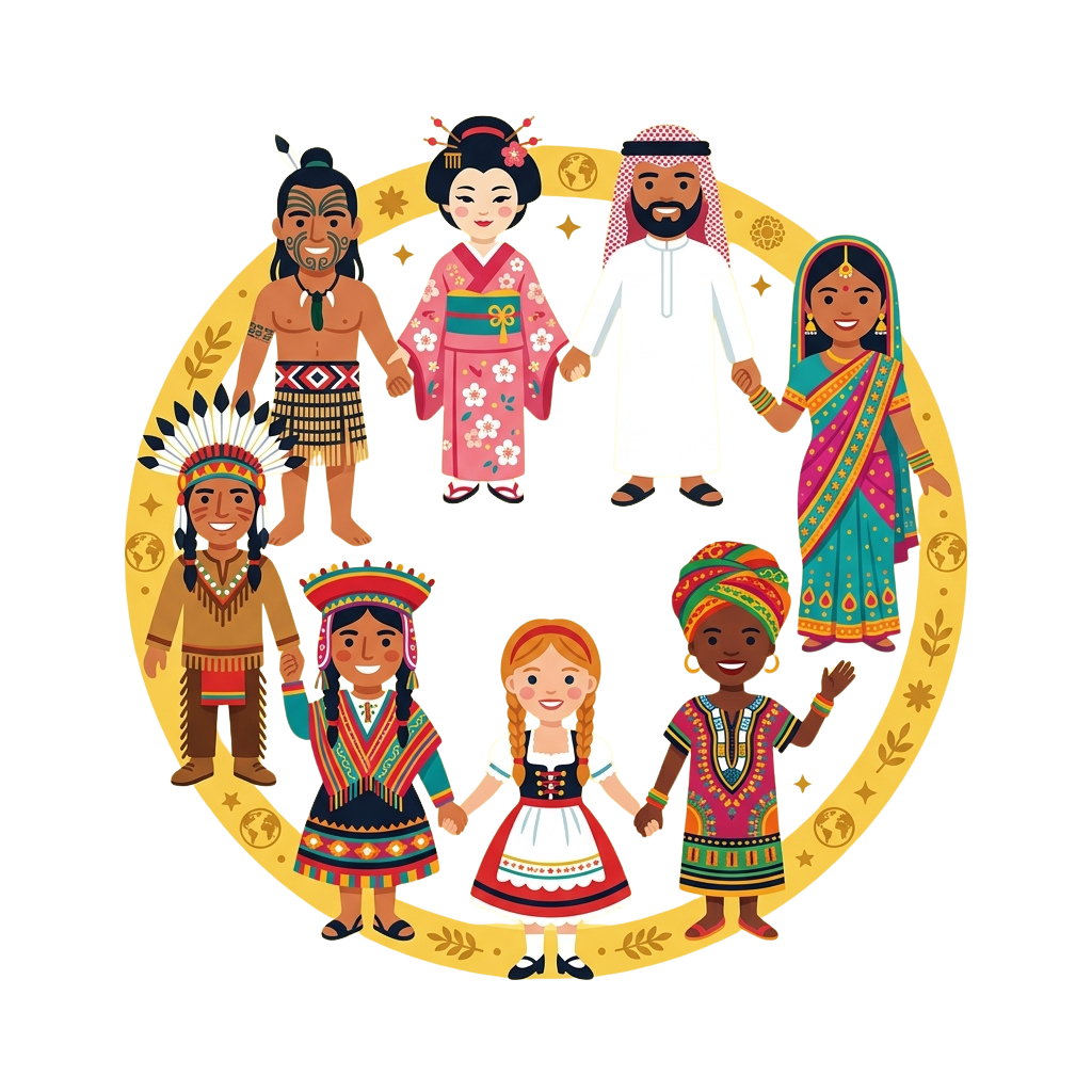 Seven children from different cultures holding hands in a circle, smiling and dressed in traditional clothing.