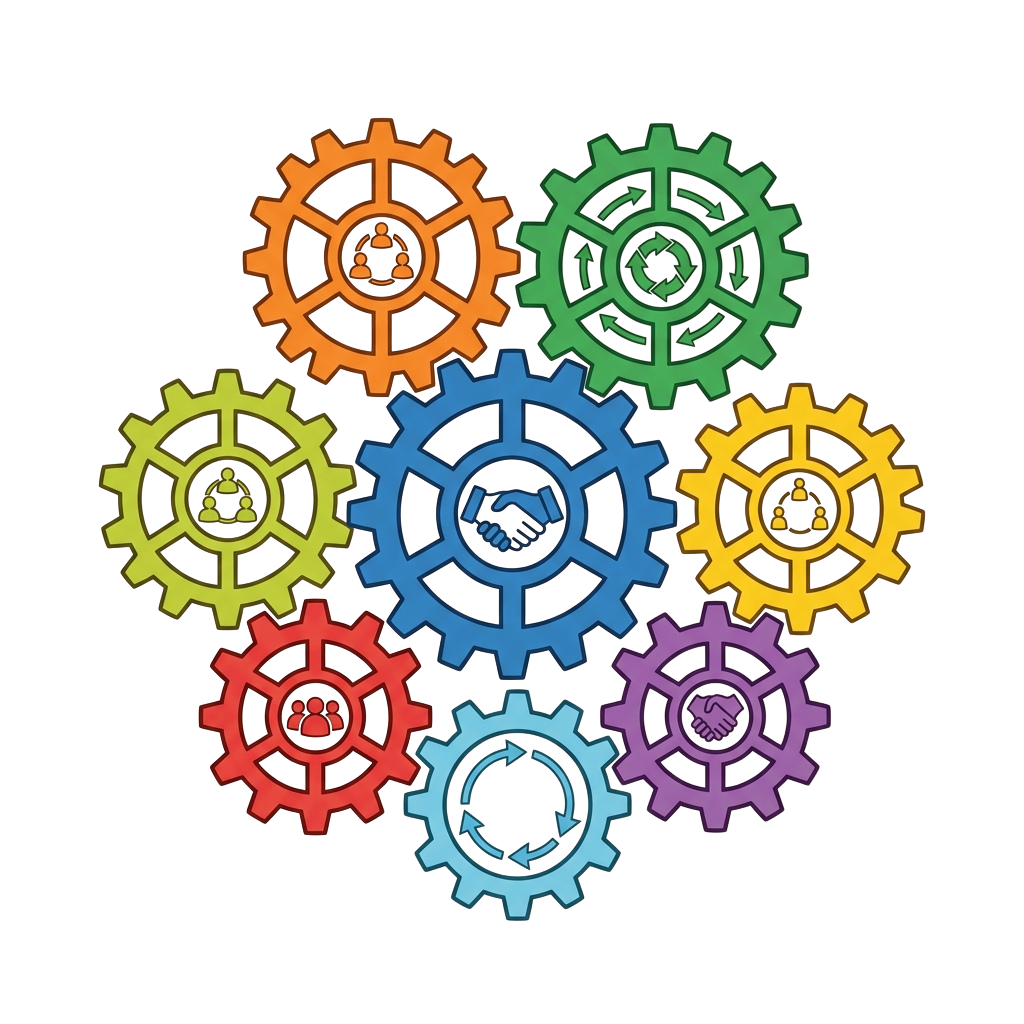 Seven colorful gears interlocking, each containing a different symbolic icon representing teamwork and unity.