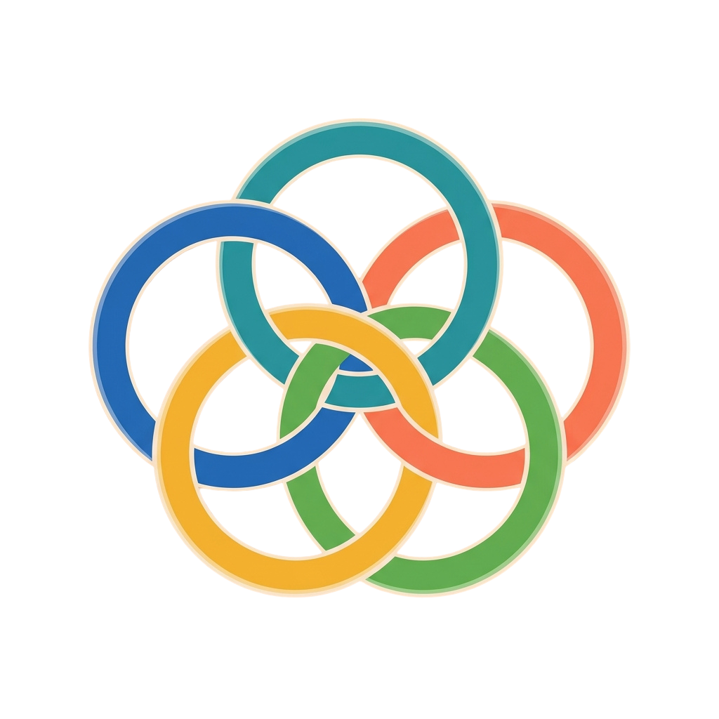 Five interlocking rings in blue, green, red, yellow, and black on a dark background
