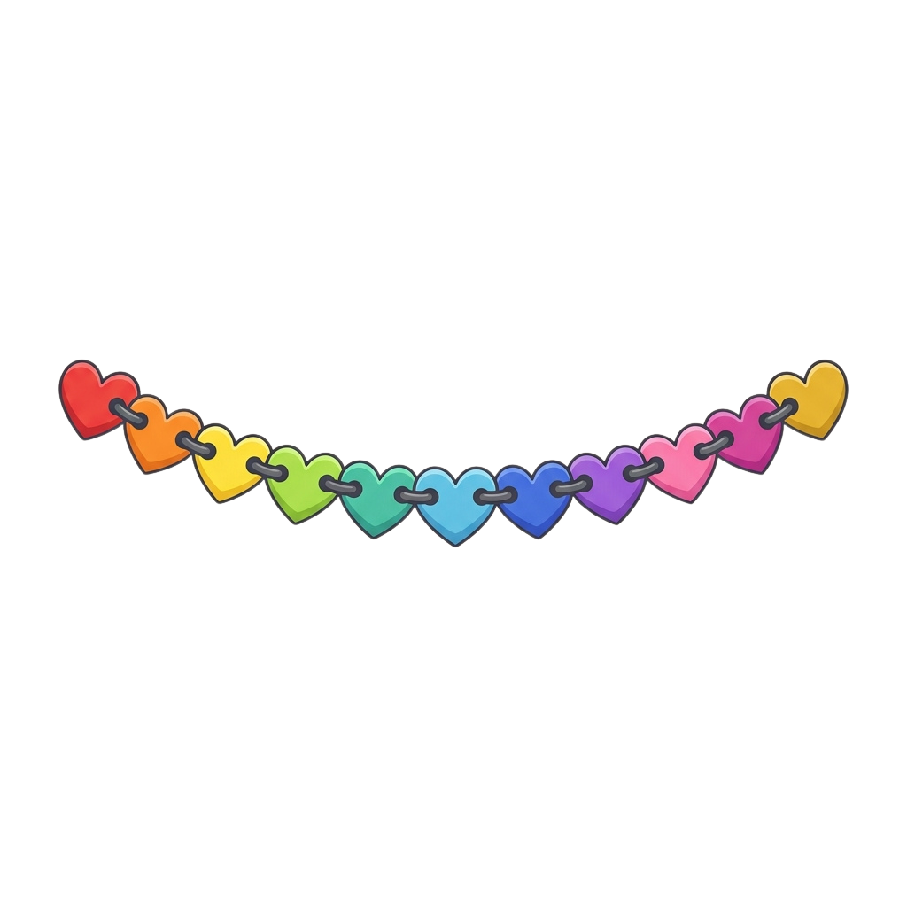 A bracelet made of heart-shaped beads in rainbow colors connected by silver links.