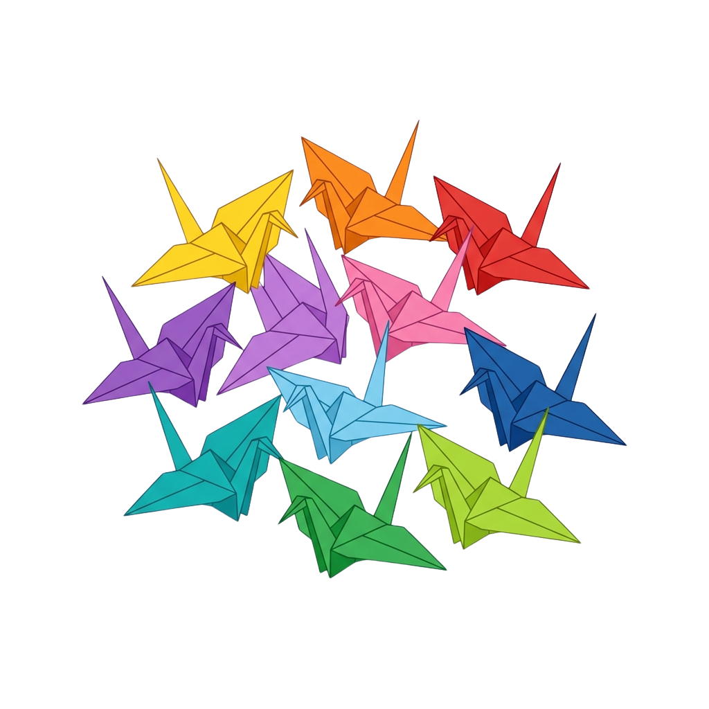 A group of origami paper cranes in various bright colors clustered together