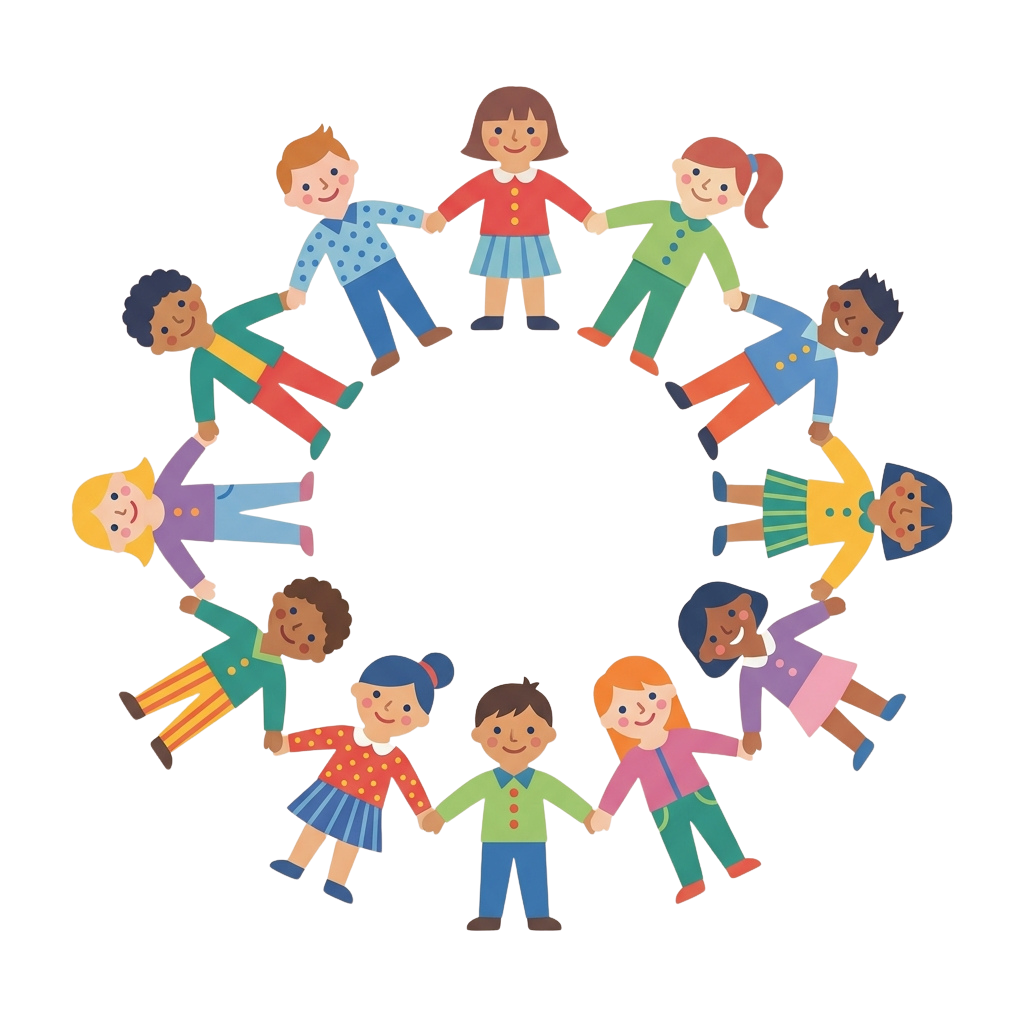 Illustration of diverse children holding hands in a circle, smiling and forming a ring shape.