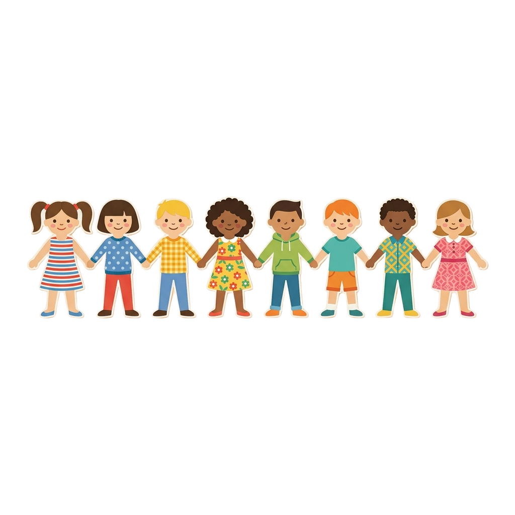 Seven cartoon children of different ethnicities holding hands in a line