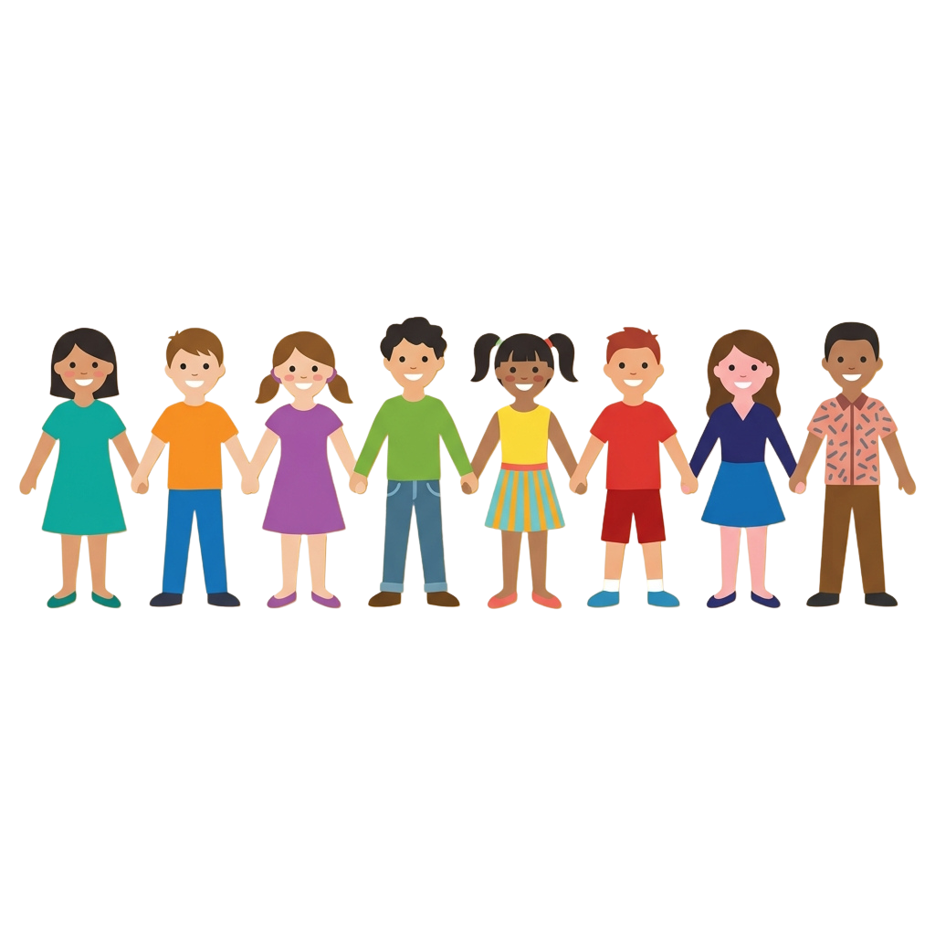Eight diverse cartoon children holding hands in a line, smiling and facing forward