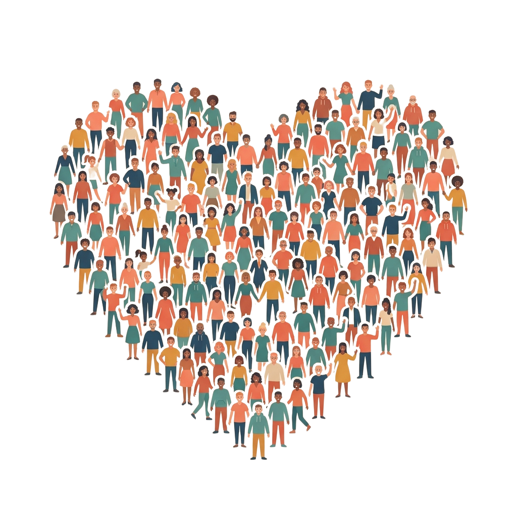 Heart shape composed of diverse people icons in various colors and poses