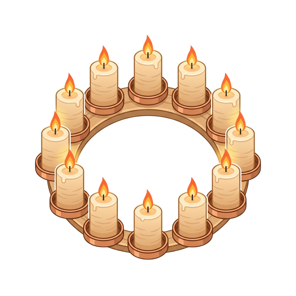 A circular candle holder with twelve lit white candles arranged evenly in a ring
