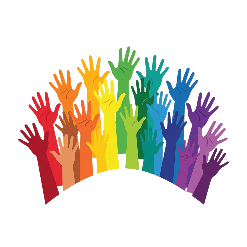 Illustration of raised hands in rainbow colors against a black background