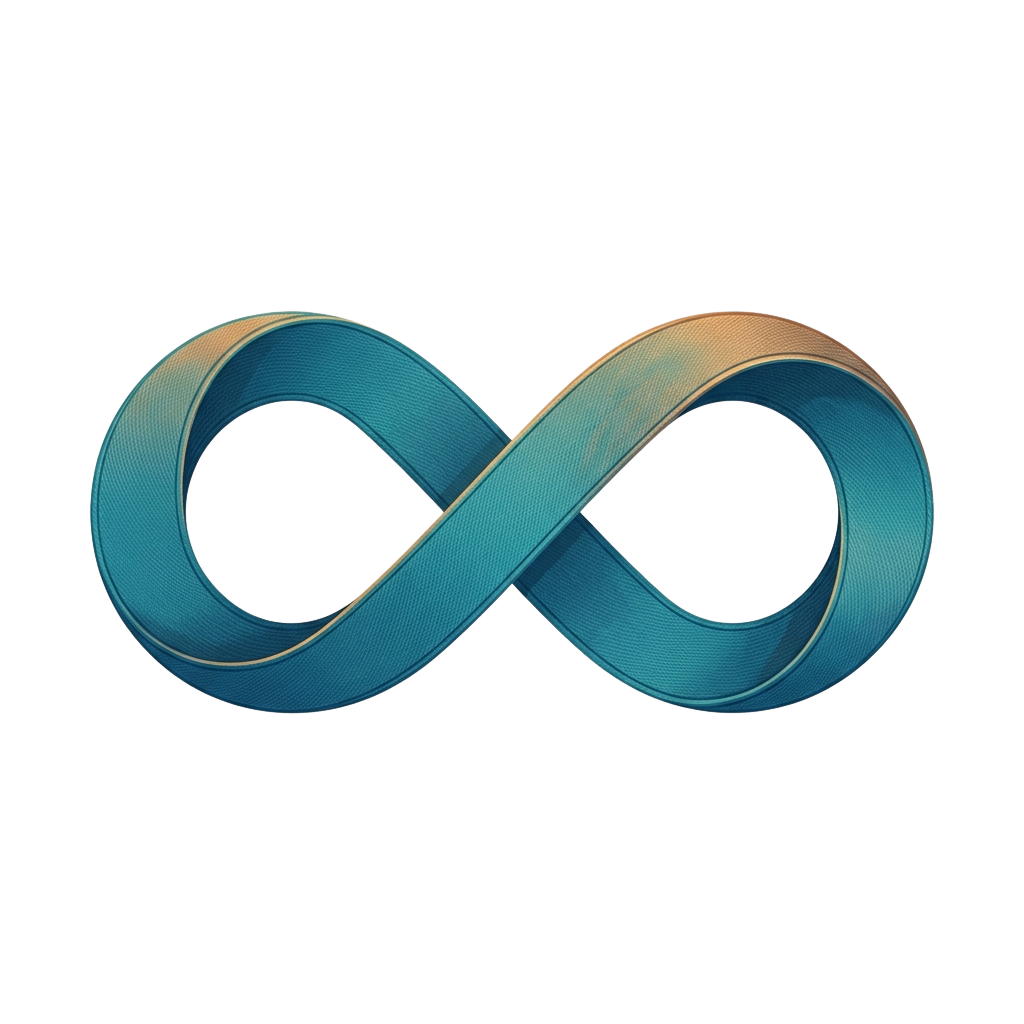 A 3D infinity symbol composed of two interlocking torus loops with gradient blue and teal colors
