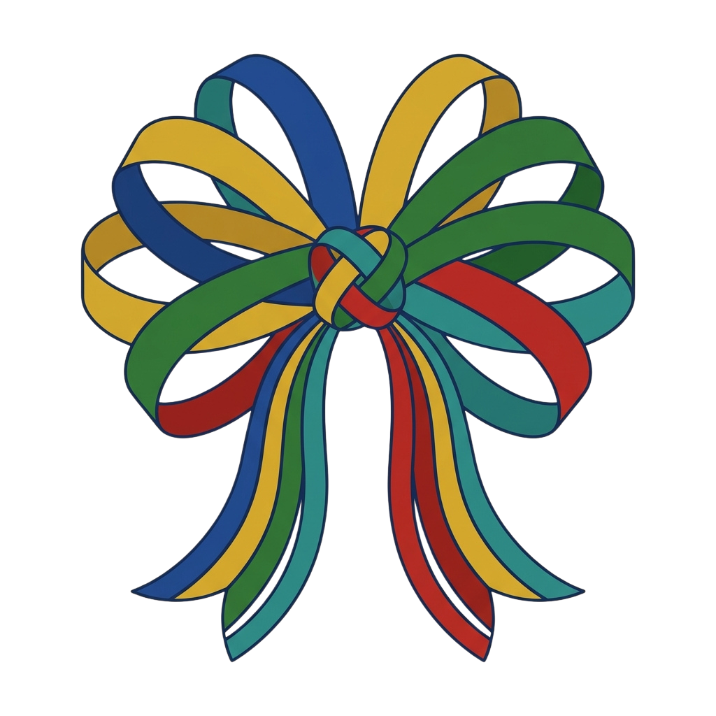 A vibrant bow made of six multicolored ribbons tied in a decorative knot shape