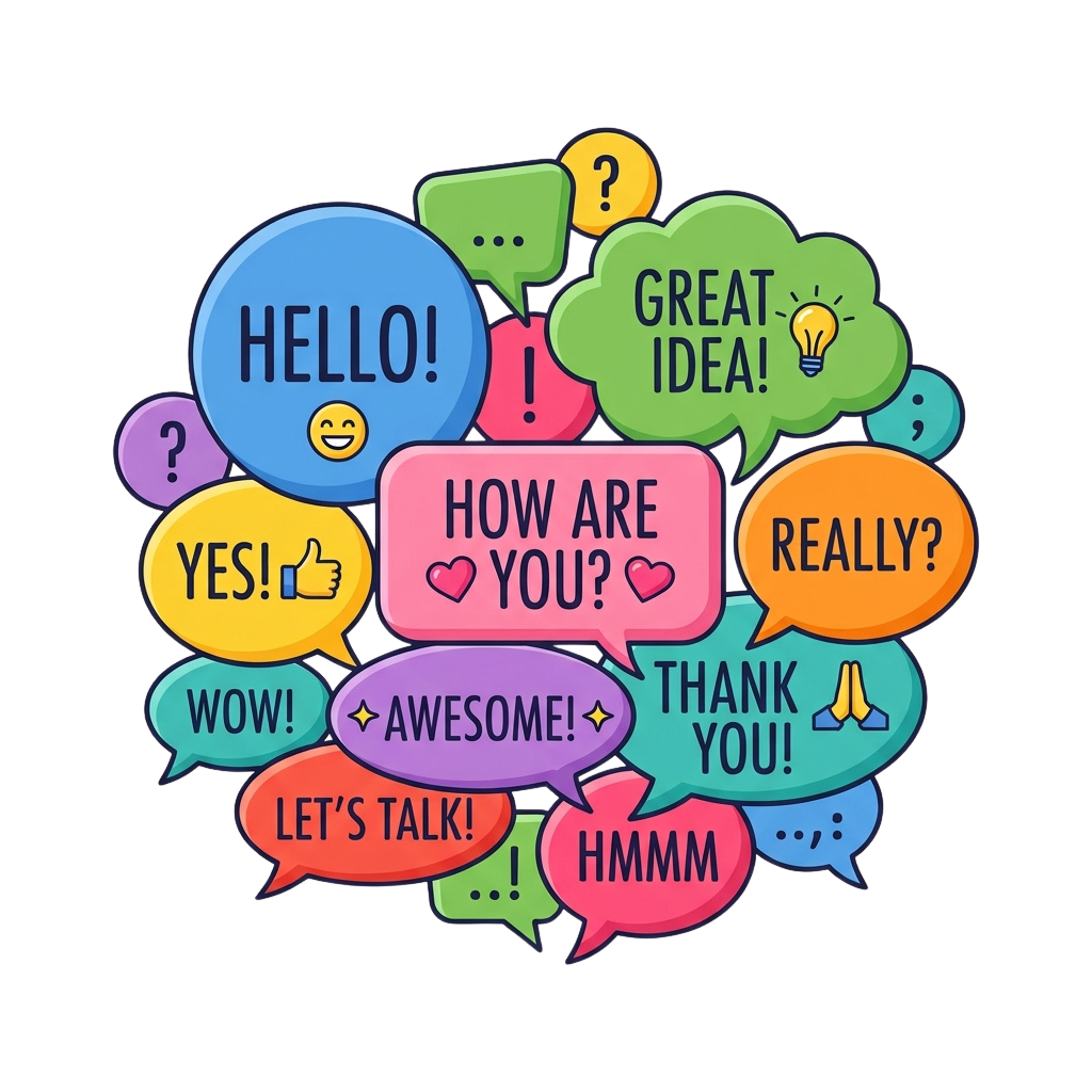 Illustration of colorful speech bubbles with various conversation expressions like hello, thank you, and great idea