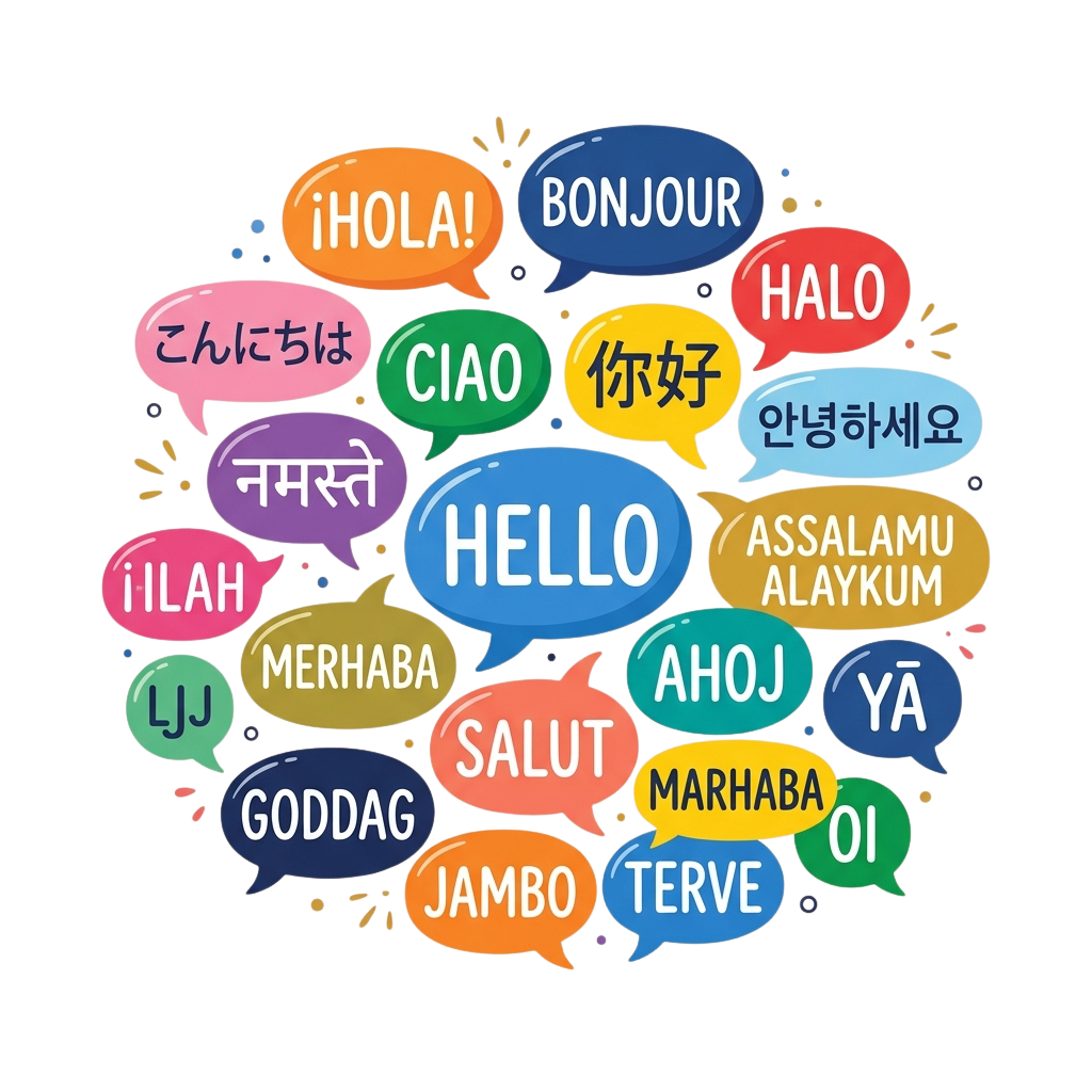 Colorful speech bubbles displaying greetings in multiple languages like Hello, Hola, Bonjour, and more