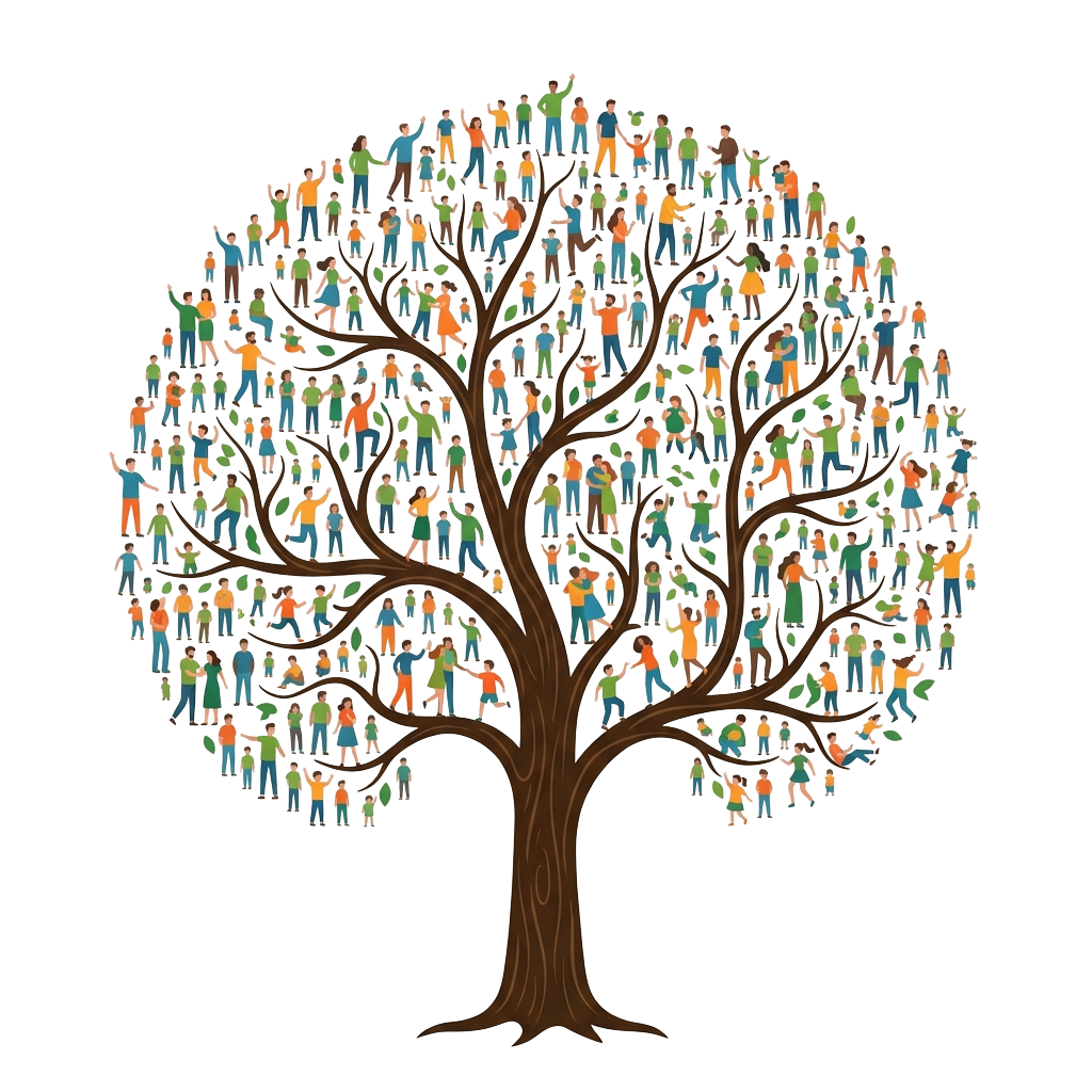 Illustration of a tree filled with diverse people of various colors and poses symbolizing community and togetherness