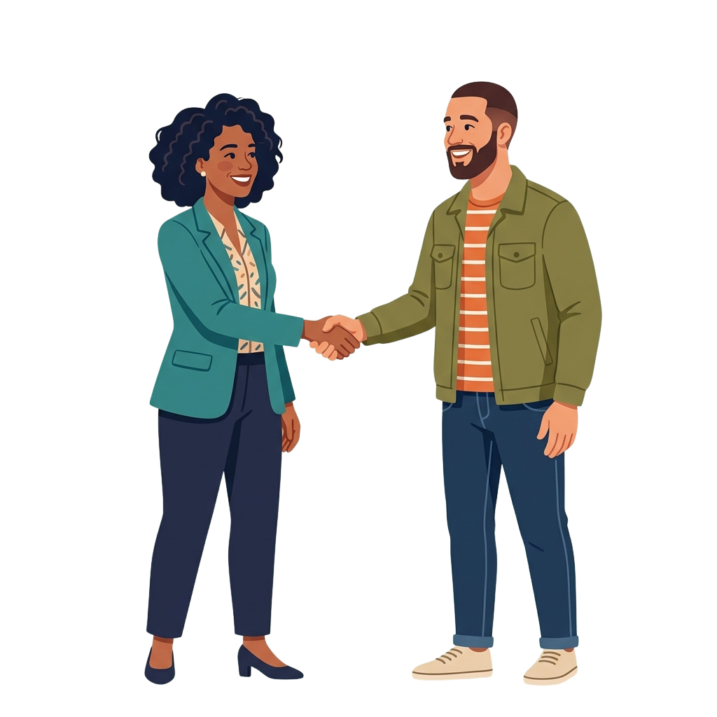 Two people shaking hands, smiling, one in a blazer and pants, the other in a jacket and jeans