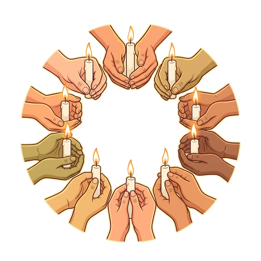Illustration of twelve hands of different skin tones holding lit candles in a circular formation