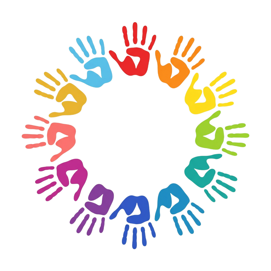 A circle of colorful handprints in rainbow colors against a black background