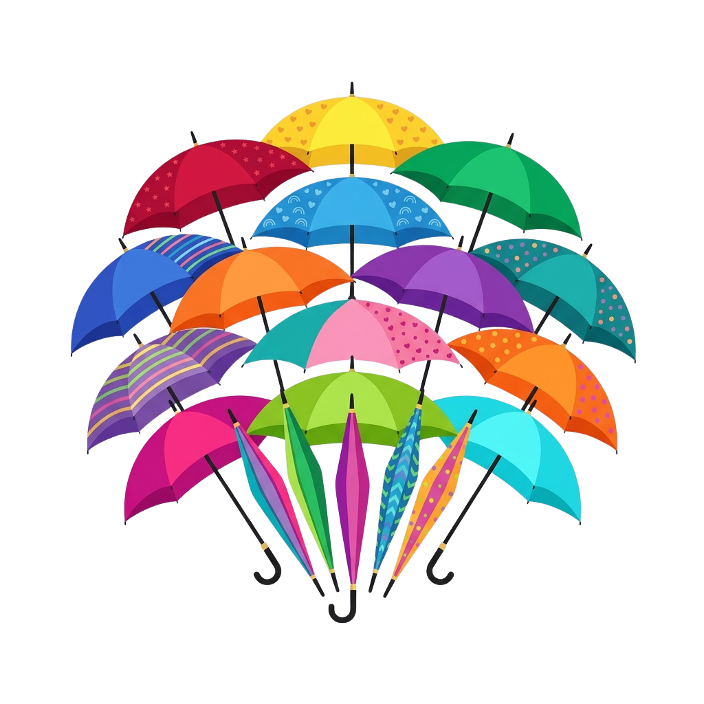 A stack of 18 colorful umbrellas in various bright colors and patterns