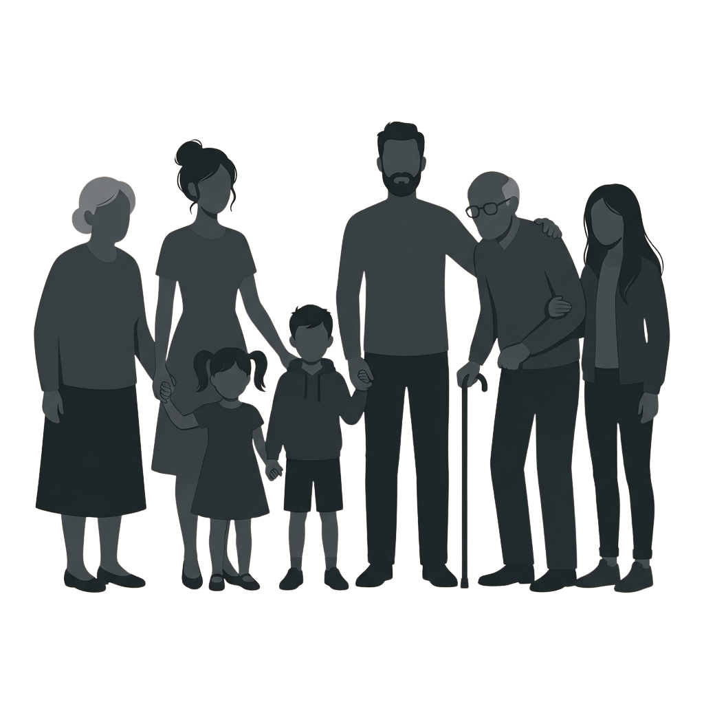 Illustration of a family of seven standing together in a group hug pose