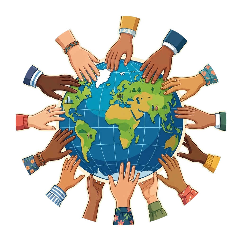 Illustration showing many hands of different skin tones gently holding a globe together.