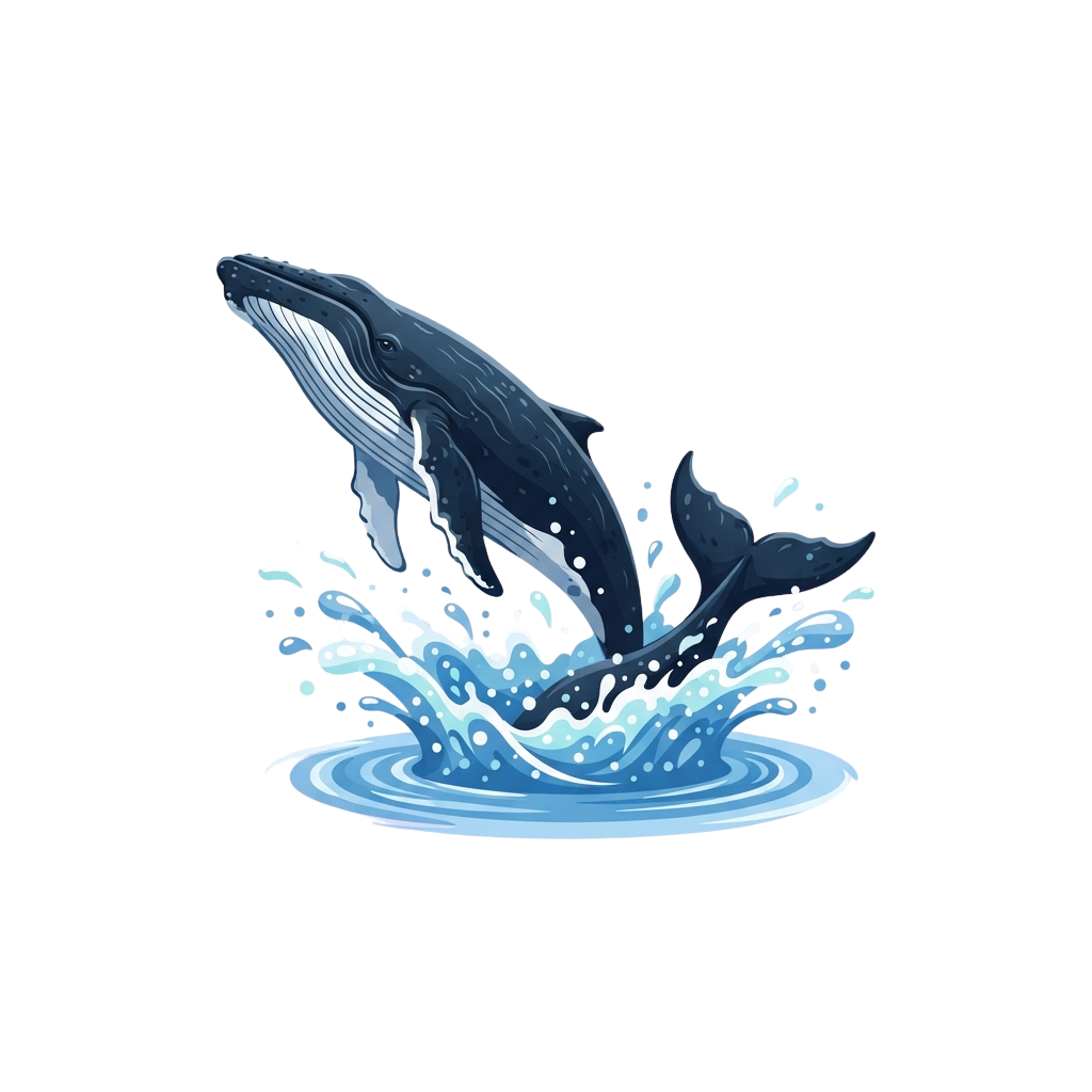 A stylized illustration of a whale leaping out of water with splashes around it