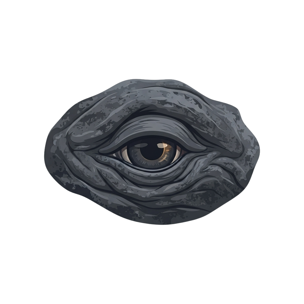 A close-up illustration of a dark, textured creature eye with glowing pupil against a black background