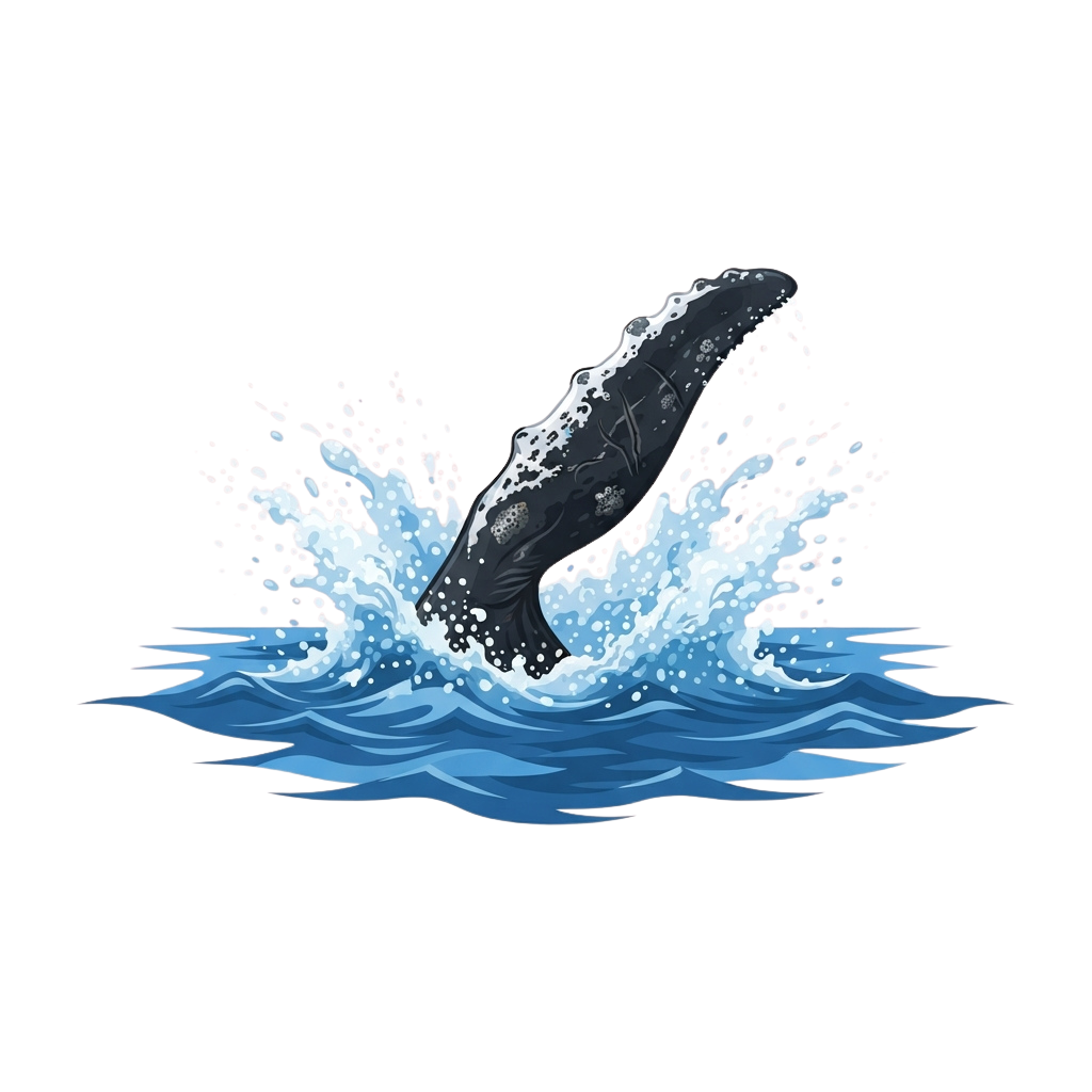 A whale leaping out of blue ocean water with splashing waves around it